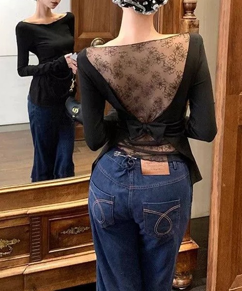 c.u.l（シーユーエル）の「パッド付 花柄レース バックオープン オフショルダーカットソー culw872（Tシャツ/カットソー・レディース・ブラック・S/M）」の8枚目の写真