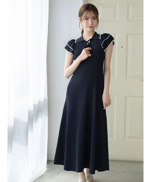MERCURYDUO(マーキュリーデュオ)の「ポロ衿ラッフルニットワンピース(ワンピース・レディース・ネイビー/ライトブルー/ブラック・MEDIUM/SMALL)」の3枚目の写真