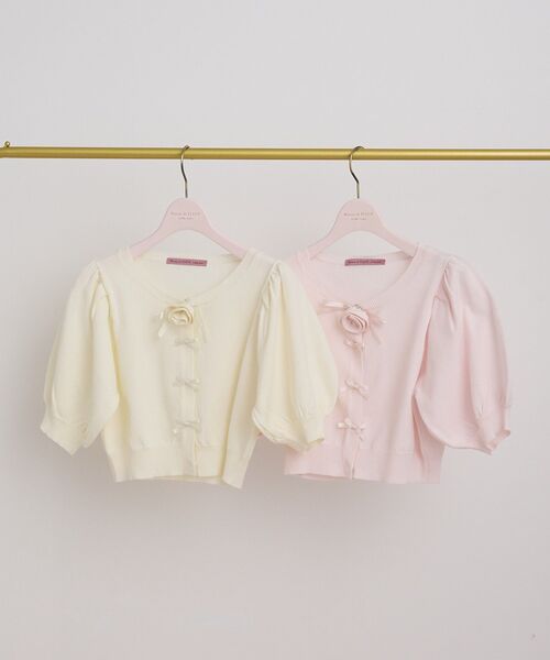 Maison de FLEUR（メゾンドフルール）の「ローズニット半袖カーディガン（カーディガン/ボレロ・レディース・ピンク/アイボリー・FREE）」の3枚目の写真