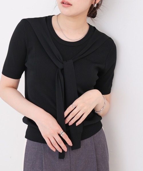 Bab（バブ）の「レイヤードデザインドッキング　サマーニットトップス（ニット/セーター・レディース・ブラック/アイボリー/ピンク・MEDIUM）」の4枚目の写真