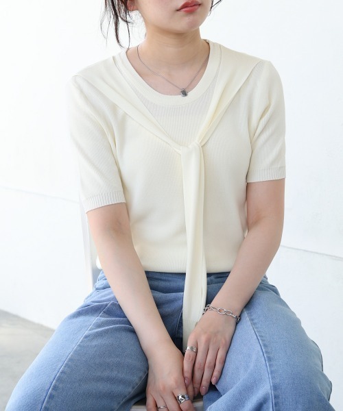 Bab（バブ）の「レイヤードデザインドッキング　サマーニットトップス（ニット/セーター・レディース・ブラック/アイボリー/ピンク・MEDIUM）」の7枚目の写真
