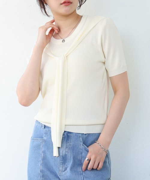 Bab（バブ）の「レイヤードデザインドッキング　サマーニットトップス（ニット/セーター・レディース・ブラック/アイボリー/ピンク・MEDIUM）」の12枚目の写真