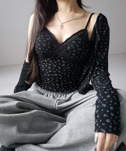 me+em select（ミームセレクト）の「【 ２点セット 】小花柄レースキャミソール ＋ カーディガン SET ／ （ 2piece SET ）Floral lace camisole + cardigan SET（アンサンブル・レディース・ブラック/グレー・FREE）」の15枚目の写真