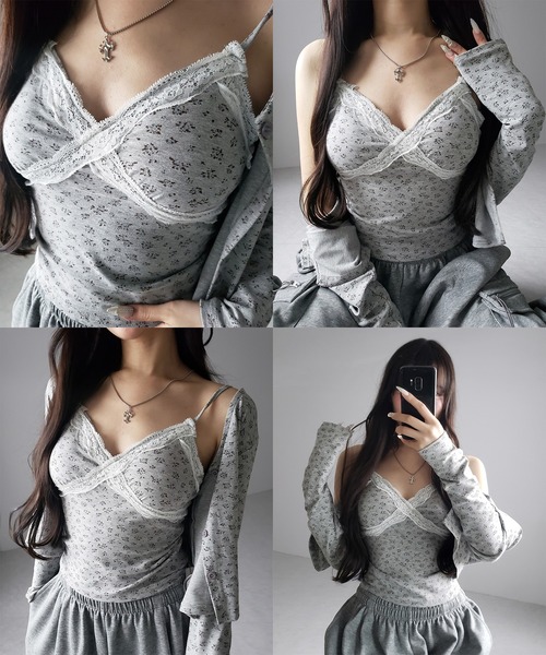 me+em select（ミームセレクト）の「【 ２点セット 】小花柄レースキャミソール ＋ カーディガン SET ／ （ 2piece SET ）Floral lace camisole + cardigan SET（アンサンブル・レディース・ブラック/グレー・FREE）」の9枚目の写真