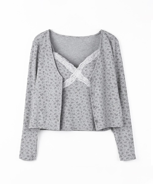 me+em select（ミームセレクト）の「【 ２点セット 】小花柄レースキャミソール ＋ カーディガン SET ／ （ 2piece SET ）Floral lace camisole + cardigan SET（アンサンブル・レディース・ブラック/グレー・FREE）」の8枚目の写真