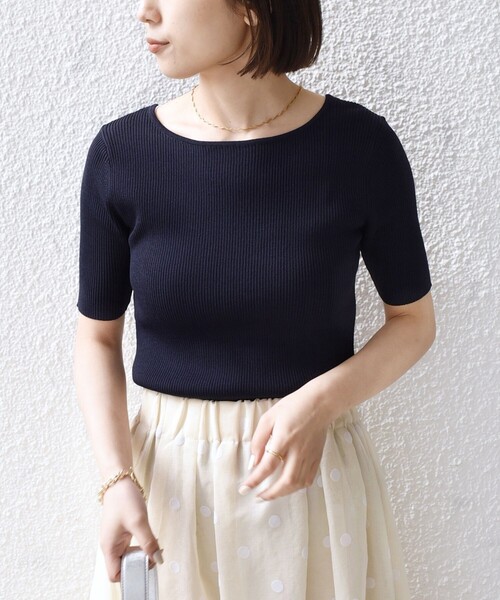 SHIPS Colors(シップス カラーズ)の「SHIPS Colors:〈手洗い可能〉リブ 5分袖 ニット◇(ニット/セーター・レディース・ブラック/オレンジ/ネイビー・ONE SIZE)」の1枚目の写真