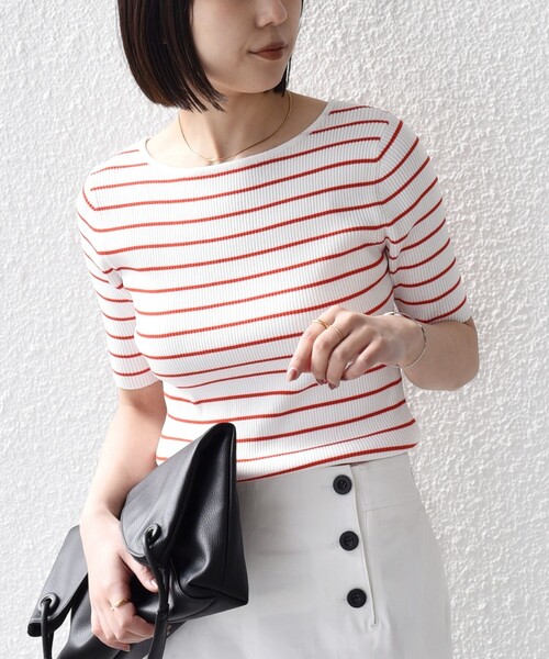 SHIPS Colors(シップス カラーズ)の「SHIPS Colors:〈手洗い可能〉リブ 5分袖 ニット◇(ニット/セーター・レディース・ブラック/オレンジ/ネイビー・ONE SIZE)」の3枚目の写真