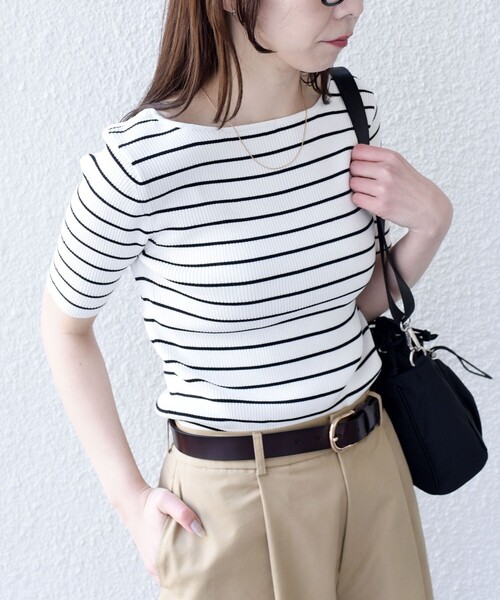SHIPS Colors(シップス カラーズ)の「SHIPS Colors:〈手洗い可能〉リブ 5分袖 ニット◇(ニット/セーター・レディース・ブラック/オレンジ/ネイビー・ONE SIZE)」の2枚目の写真