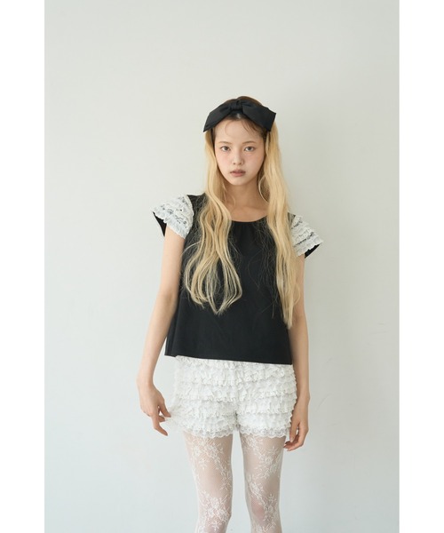 Smyeon(スミョン)の「Lace sleeve tee/レース袖Tシャツ(Tシャツ/カットソー・レディース・ブラック/ホワイト・FREE)」の14枚目の写真