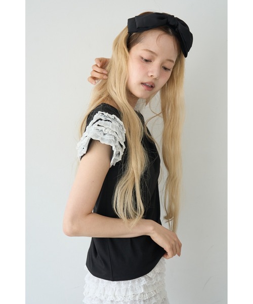 Smyeon(スミョン)の「Lace sleeve tee/レース袖Tシャツ(Tシャツ/カットソー・レディース・ブラック/ホワイト・FREE)」の5枚目の写真