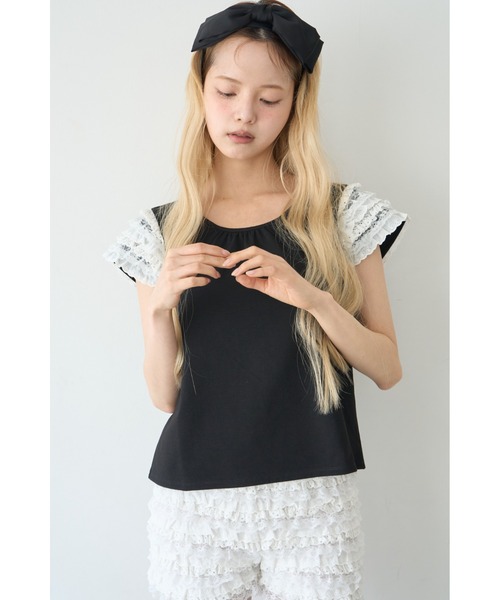 Smyeon(スミョン)の「Lace sleeve tee/レース袖Tシャツ(Tシャツ/カットソー・レディース・ブラック/ホワイト・FREE)」の3枚目の写真