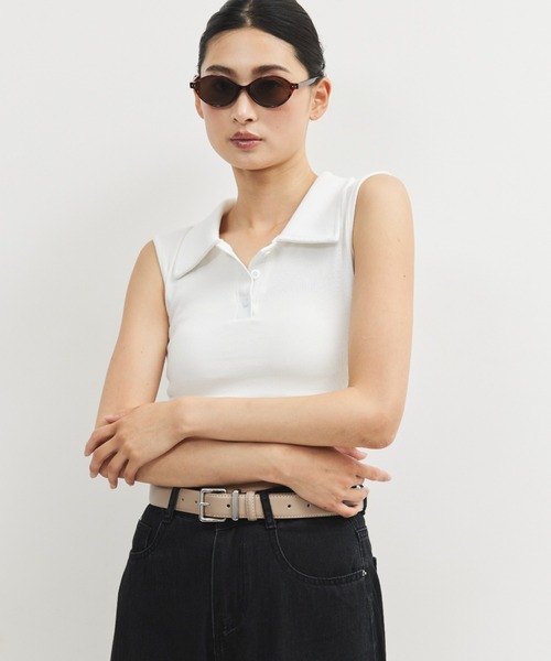 ELTONE(エルトーン)の「ポロカラーノースリーブトップス(Tシャツ/カットソー・レディース・ホワイト/ブルー/ブラック・FREE)」の2枚目の写真