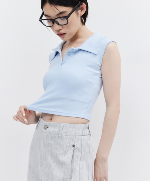 ELTONE(エルトーン)の「ポロカラーノースリーブトップス(Tシャツ/カットソー・レディース・ホワイト/ブルー/ブラック・FREE)」の3枚目の写真