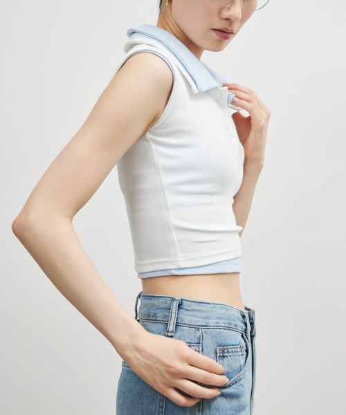 ELTONE(エルトーン)の「ポロカラーノースリーブトップス(Tシャツ/カットソー・レディース・ホワイト/ブルー/ブラック・FREE)」の4枚目の写真