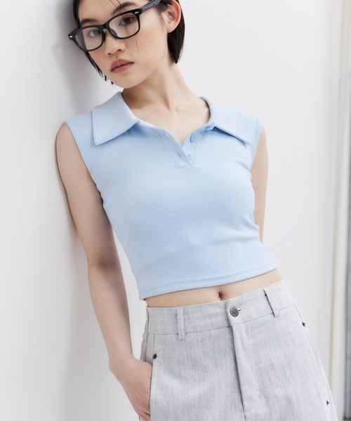 ELTONE(エルトーン)の「ポロカラーノースリーブトップス(Tシャツ/カットソー・レディース・ホワイト/ブルー/ブラック・FREE)」の14枚目の写真