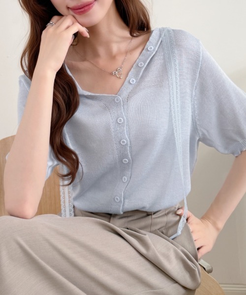 Ada.(エイダ)の「シアー ニット フロントボタン フーデッド 半袖 カーディガン(ニット/セーター・レディース・ブルー/ホワイト/グレー/ブラック・FREE)」の6枚目の写真