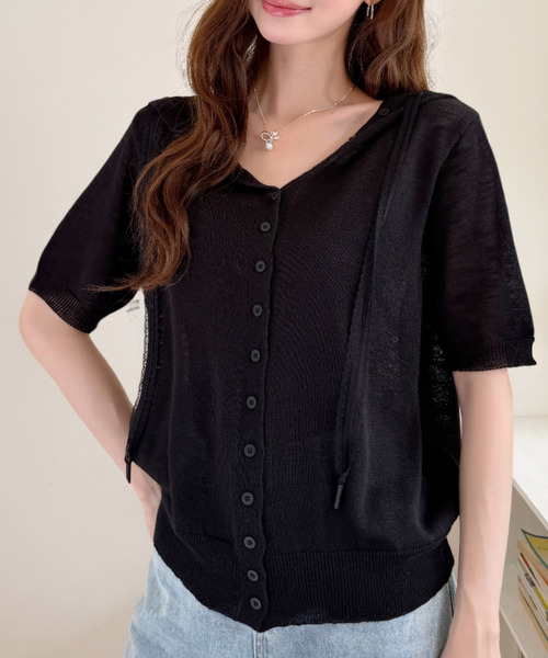 Ada.(エイダ)の「シアー ニット フロントボタン フーデッド 半袖 カーディガン(ニット/セーター・レディース・ブルー/ホワイト/グレー/ブラック・FREE)」の19枚目の写真