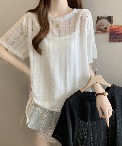 AMAJI（アマジ）の「ラウンドネック 半袖 レースキャミソール レイヤード Tシャツ（Tシャツ/カットソー・レディース・ホワイト/ブラック・MEDIUM/LARGE/X-LARGE）」の4枚目の写真