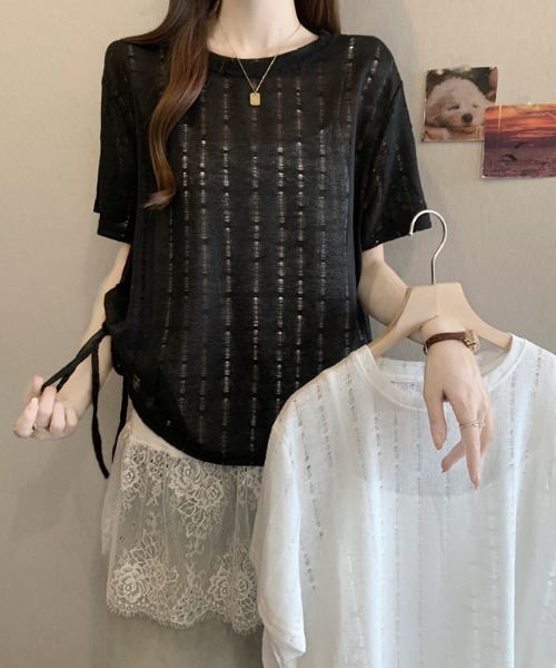 AMAJI（アマジ）の「ラウンドネック 半袖 レースキャミソール レイヤード Tシャツ（Tシャツ/カットソー・レディース・ホワイト/ブラック・MEDIUM/LARGE/X-LARGE）」の5枚目の写真