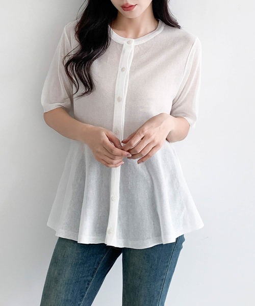 LOWO(ロワ)の「シアーニットフレアヘム半袖カーディガン(前開き/薄手)(カーディガン/ボレロ・レディース・ホワイト/グレー/ブラック/ベージュ・FREE)」の19枚目の写真