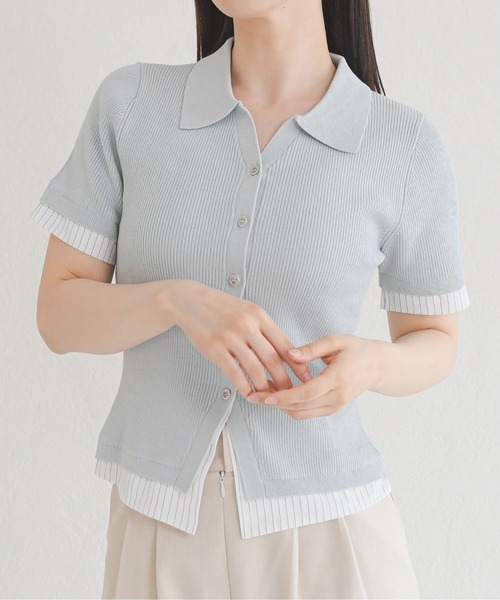 MISCH MASCH(ミッシュマッシュ)の「2026春夏新作 シャツレイヤードポロ襟リブニット(ニット/セーター・レディース・ブラック/ライトグリーン/ホワイト・フリ-)」の7枚目の写真