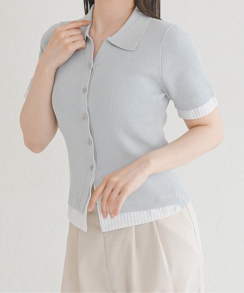 MISCH MASCH(ミッシュマッシュ)の「2026春夏新作 シャツレイヤードポロ襟リブニット(ニット/セーター・レディース・ブラック/ライトグリーン/ホワイト・フリ-)」の9枚目の写真