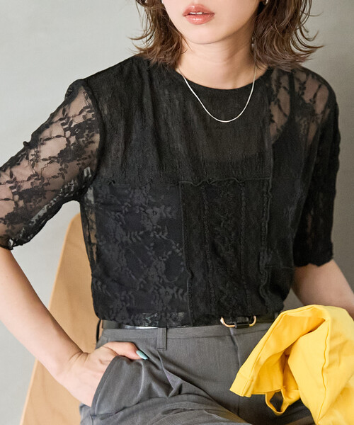 FREAK'S STORE(フリークスストア)の「限定展開 レース パッチワーク 半袖 トップス(Tシャツ/カットソー・レディース・オフホワイト/ブラック・フリ-)」の1枚目の写真
