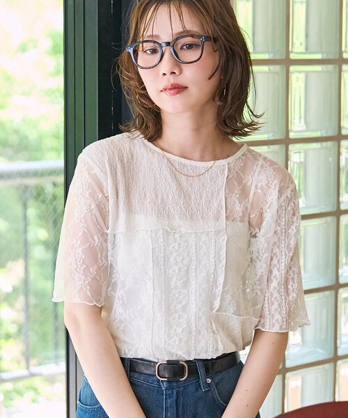 セール】限定展開 レース パッチワーク 半袖 トップス（Tシャツ