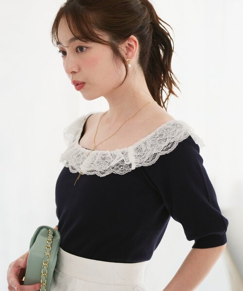 La boutique BonBon（ラブティックボンボン）の「【愛されニット】レースフリルニット（ニット/セーター・レディース・ホワイト/ネイビー/ピンク・FREE）」の19枚目の写真