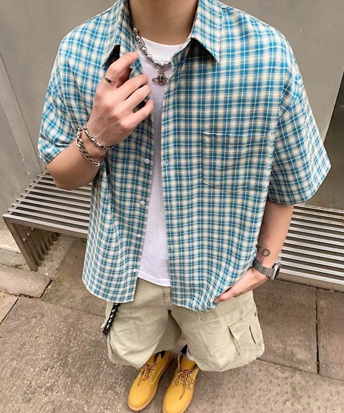 NOWLE(ノウル)の「【NOWLE】マドラスチェック レギュラーカラー 半袖 シャツ / レトロストリート ショートスリーブ トップス(シャツ/ブラウス・メンズ・ライトブルー/ライトイエロー・MEDIUM/LARGE/X-LARGE)」の21枚目の写真