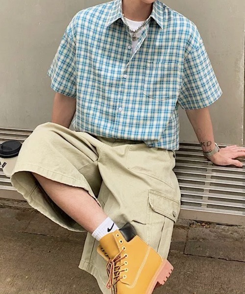 NOWLE(ノウル)の「【NOWLE】マドラスチェック レギュラーカラー 半袖 シャツ / レトロストリート ショートスリーブ トップス(シャツ/ブラウス・メンズ・ライトブルー/ライトイエロー・MEDIUM/LARGE/X-LARGE)」の22枚目の写真