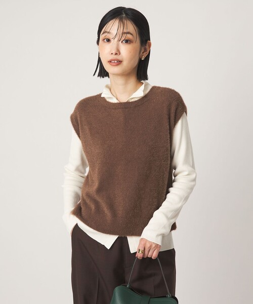 green label relaxing(グリーンレーベルリラクシング)の「フラッフフェザー 2WAY フレンチスリーブ ニット(ニット/セーター・レディース・オフホワイト/ライム/ダークグレー/ブラウン・FREE)」の1枚目の写真