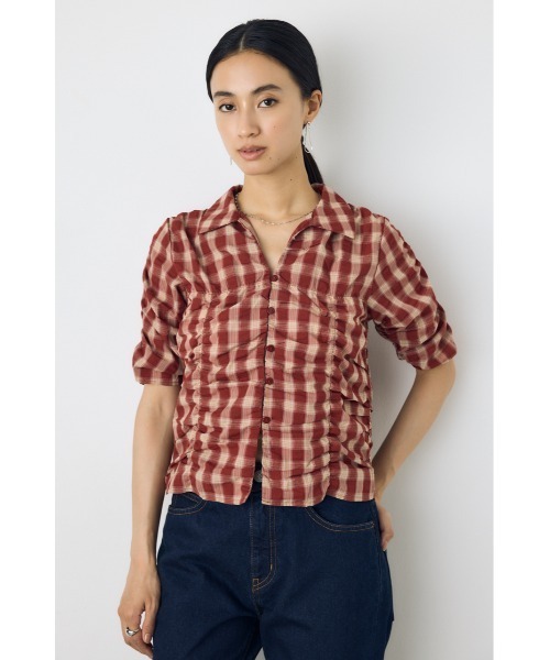 AZUL by moussy（アズールバイマウジー）の「チェックシャーリング半袖シャツ（シャツ/ブラウス・レディース・ブラック系その他/レッド系その他/ブルー系その他3・FREE）」の3枚目の写真