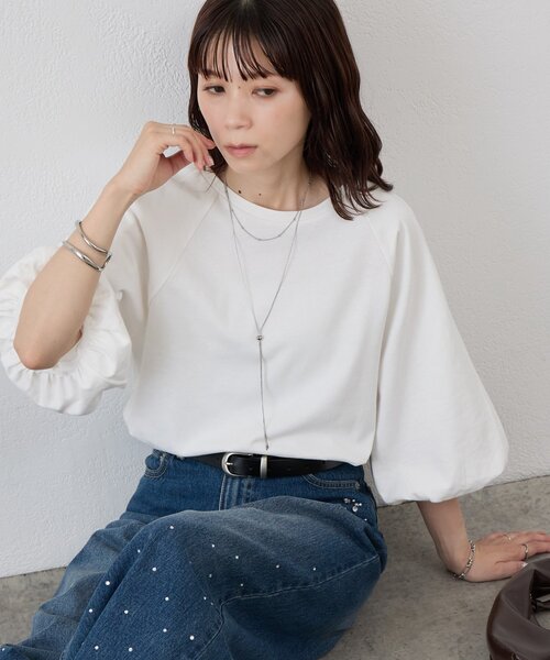 DISCOAT（ディスコート）の「【WEB限定】ラグラン切替パフスリーブTシャツ（Tシャツ/カットソー・レディース・ホワイト/ブラック・FREE）」の2枚目の写真