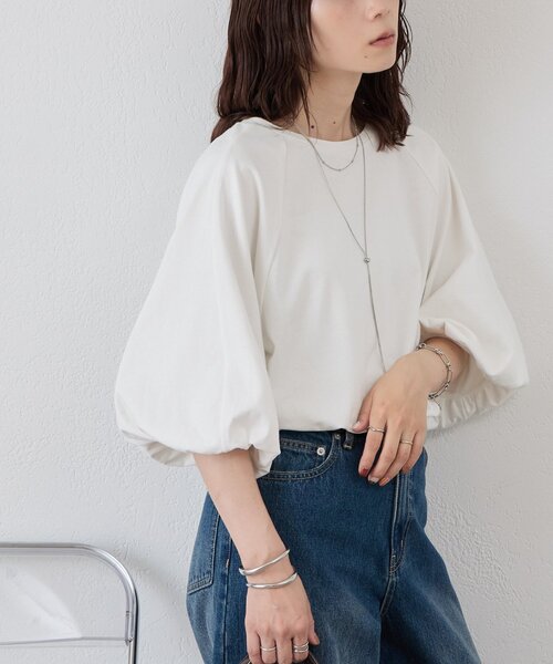 DISCOAT（ディスコート）の「【WEB限定】ラグラン切替パフスリーブTシャツ（Tシャツ/カットソー・レディース・ホワイト/ブラック・FREE）」の3枚目の写真