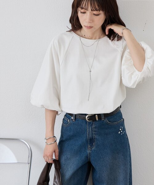 DISCOAT（ディスコート）の「【WEB限定】ラグラン切替パフスリーブTシャツ（Tシャツ/カットソー・レディース・ホワイト/ブラック・FREE）」の5枚目の写真