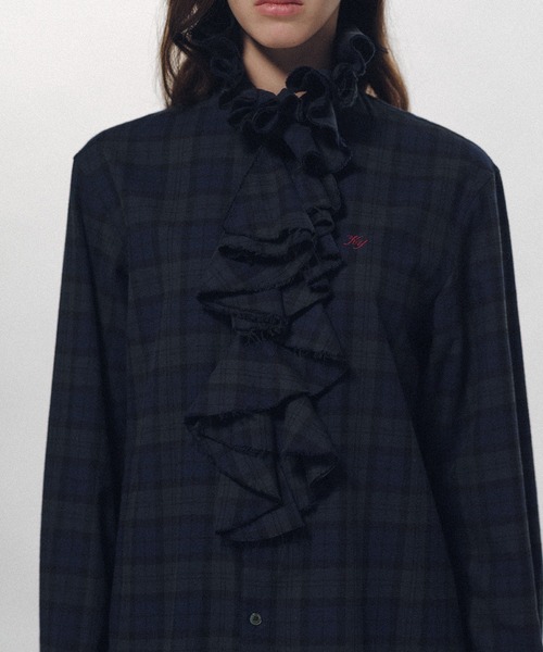 KEISUKEYOSHIDA（ケイスケヨシダ）の「Ruffle-Trimmed Plaid Flannel Shirt（シャツ/ブラウス・レディース・ネイビー/カーキ・M/S）」の11枚目の写真