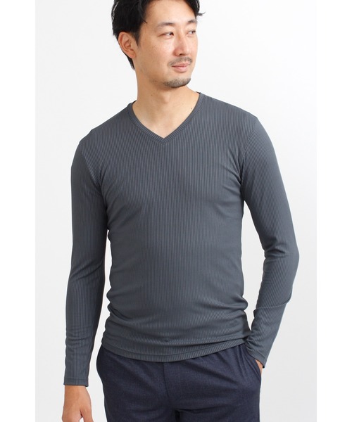 HIGH STREET(ハイストリート)の「HIGH STREET∴シャドーリブジャージ長袖Vネック(Tシャツ/カットソー・メンズ・ホワイト/ブラック/チャコール・LL/M/L)」の3枚目の写真