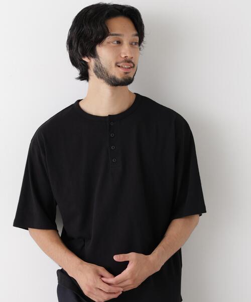NANO universe(ナノユニバース)の「スラブヘンリーワイドTシャツ 半袖(Tシャツ/カットソー・メンズ・ホワイト/ブラック・M/L)」の3枚目の写真