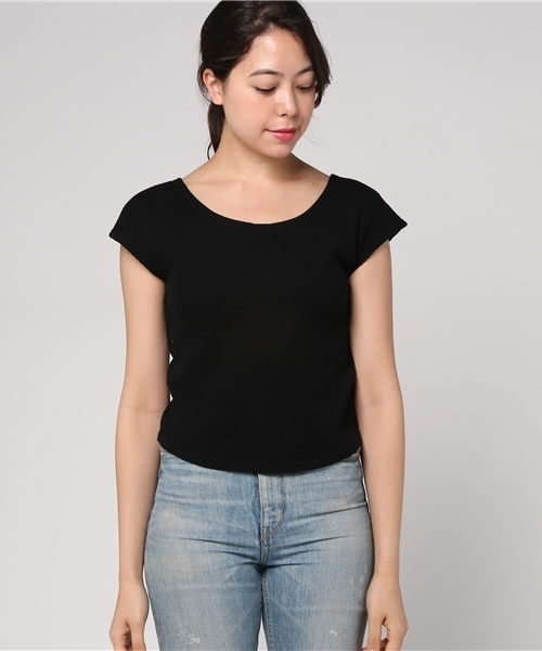 Re:EDIT（リエディ）の「[表情豊かなワッフル地を採用した女っぽトップス。]バックツイストワッフルトップストップス/ニットトップス[リエディ]（ニット/セーター・レディース・オレンジ/オフホワイト/ブラック・MEDIUM/LARGE）」の10枚目の写真