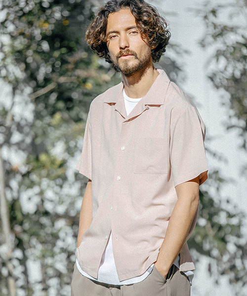 ANGENEHM(アンゲネーム)の「mhs1123-Loose Open Collar Shirts シャツ(シャツ/ブラウス・メンズ・ブラック/ベージュ/オリーブ/ピンク・M/L/S)」の4枚目の写真