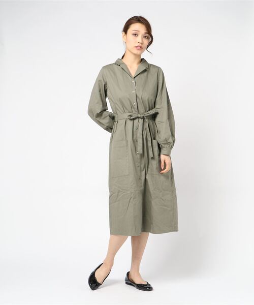 STYLEBLOCK（スタイルブロック）の「コットンツイルミモレ丈オープンカラーシャツワンピース（シャツワンピース・レディース・ネイビー/カーキ/ライトベージュ/オレンジ・M）」の3枚目の写真