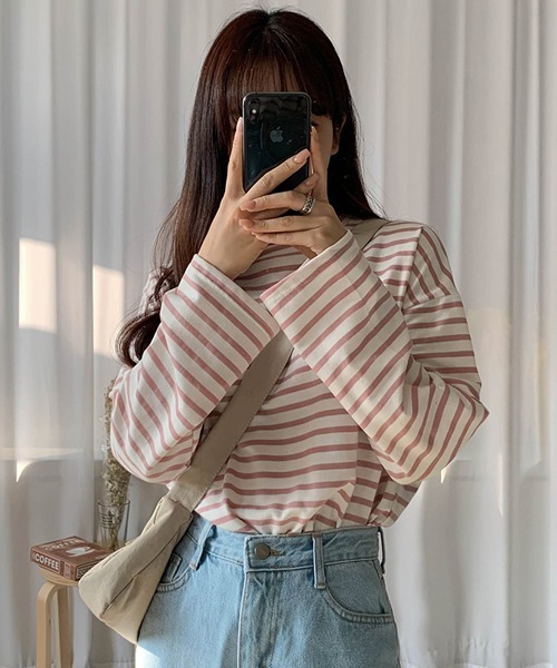 SONA(ソナ)の「ワイド袖ボーダーTシャツ(Tシャツ/カットソー・レディース・ブラック/ベージュ/ネイビー/イエロー/ライトベージュ/ピンク/グレー/カーキ・FREE)」の21枚目の写真