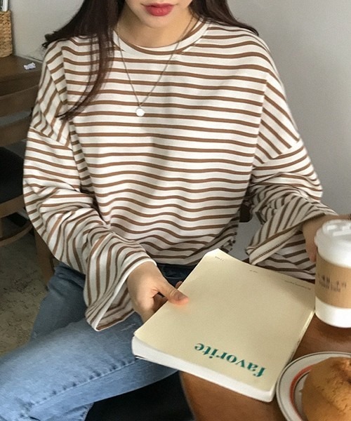 SONA(ソナ)の「ワイド袖ボーダーTシャツ(Tシャツ/カットソー・レディース・ブラック/ベージュ/ネイビー/イエロー/ライトベージュ/ピンク/グレー/カーキ・FREE)」の9枚目の写真