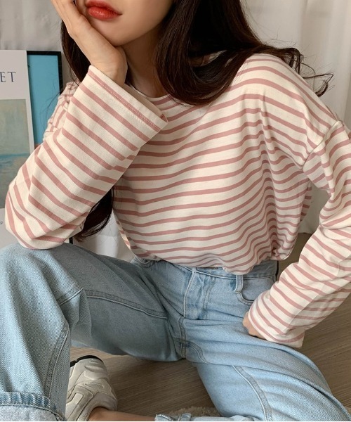 SONA(ソナ)の「ワイド袖ボーダーTシャツ(Tシャツ/カットソー・レディース・ブラック/ベージュ/ネイビー/イエロー/ライトベージュ/ピンク/グレー/カーキ・FREE)」の17枚目の写真