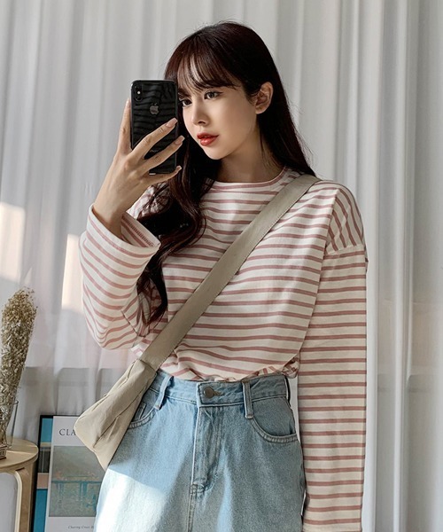 SONA(ソナ)の「ワイド袖ボーダーTシャツ(Tシャツ/カットソー・レディース・ブラック/ベージュ/ネイビー/イエロー/ライトベージュ/ピンク/グレー/カーキ・FREE)」の18枚目の写真