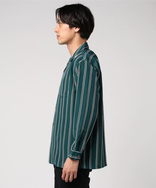WEGO（ウィゴー）の「WEGO/ダークストライプ開襟シャツ（シャツ/ブラウス・メンズ・ブラック/ブラック系その他/グリーン系その他・LARGE/MEDIUM）」の5枚目の写真