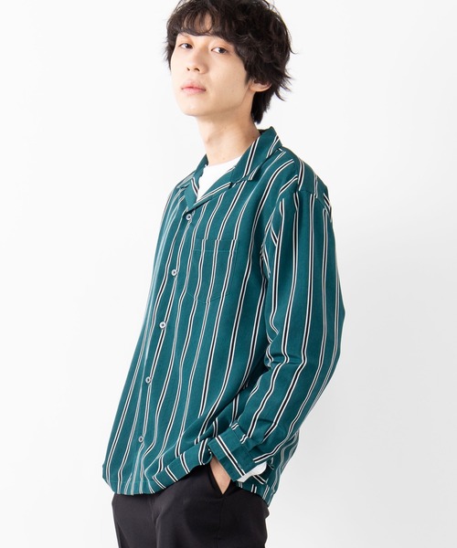 WEGO（ウィゴー）の「WEGO/ダークストライプ開襟シャツ（シャツ/ブラウス・メンズ・ブラック/ブラック系その他/グリーン系その他・LARGE/MEDIUM）」の3枚目の写真