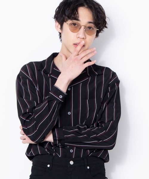 WEGO（ウィゴー）の「WEGO/ダークストライプ開襟シャツ（シャツ/ブラウス・メンズ・ブラック/ブラック系その他/グリーン系その他・LARGE/MEDIUM）」の2枚目の写真