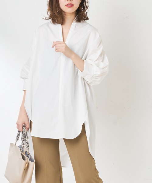 natural couture(ナチュラルクチュール)の「バンドカラー前あきシャツ(シャツ/ブラウス・レディース・オフホワイト/ベージュ/カーキ/ストライプ・FREE)」の2枚目の写真